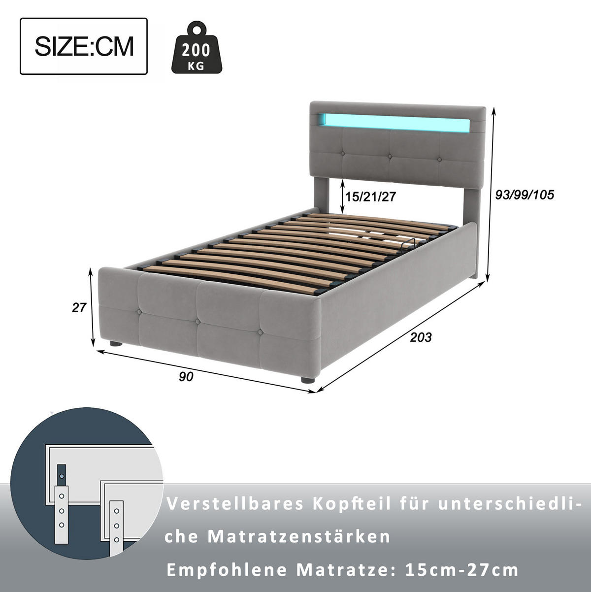 POLSTERBETT 90/200 cm Grau mit LED-Beleuchtung und Stauraum - Grau, Textil (90/200cm) - Flora Grace
