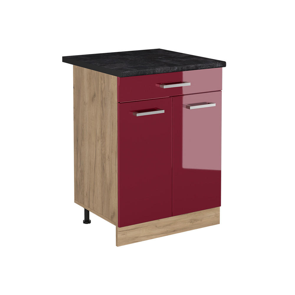 KÖKSUNDERSKÅP R-Line, Röd högblank/Goldkraft ek, 60 cm med låda antracitas stalviršis Röd, Honungsek 81.6/60/60 cm