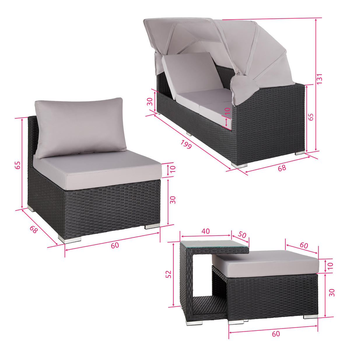 RATTANLOUNGE San Marino,mit Sicherheitsglasplatte, variabel aufstellbar,schwarz - Schwarz, Kunststoff (68/131cm) - tectake