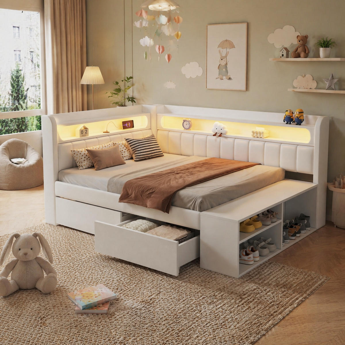 JUGENDBETT 90/200 mit LED, USB, Schuhschrank und zwei Schubladen in Weiß - Weiß, Holzwerkstoff/Textil (90/200cm) - EVRYAE