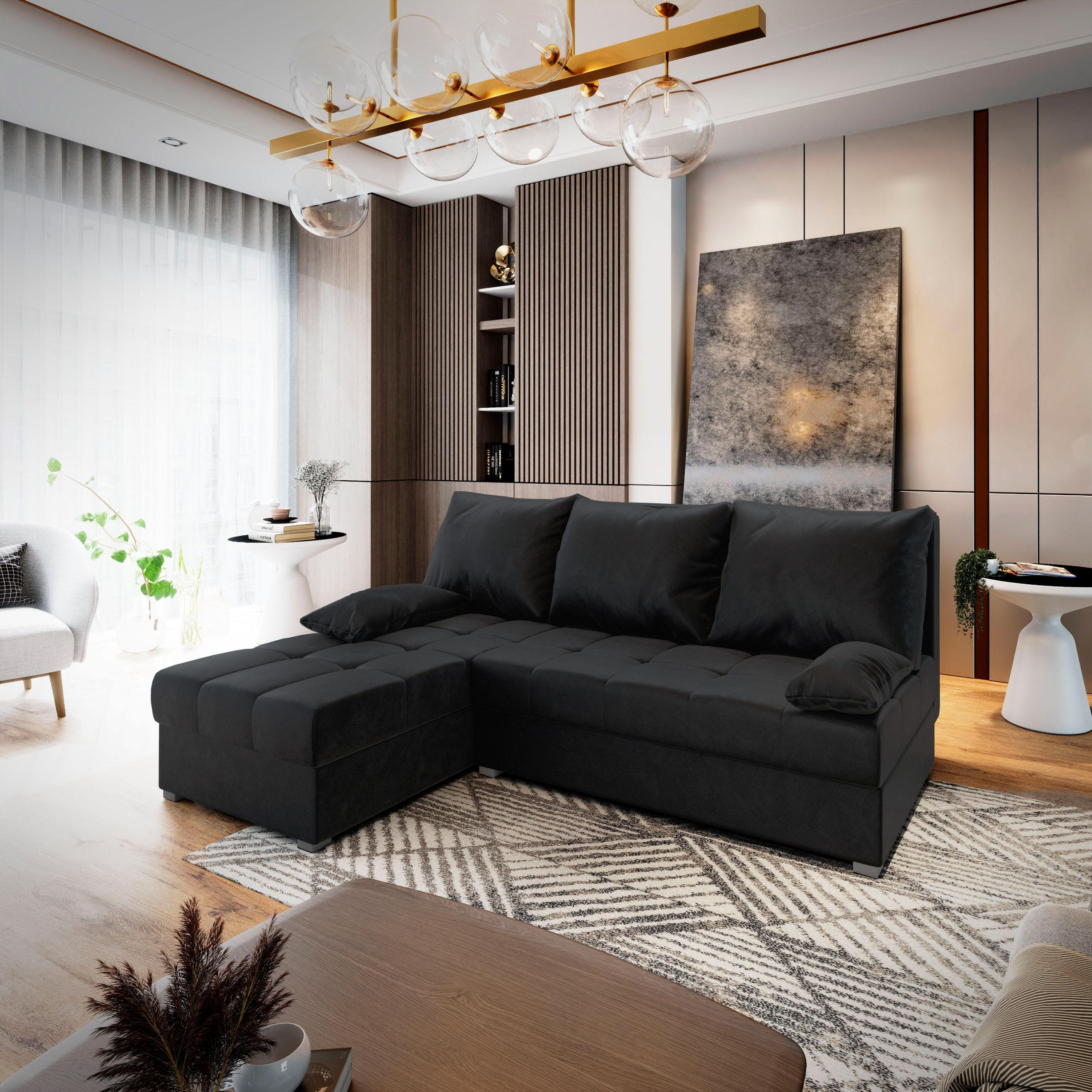 ECKSOFA RITA Schwarz Plüsch-Stoff mit Schlaffunktion - Schwarz, Holz (200/141cm) - MASSENO