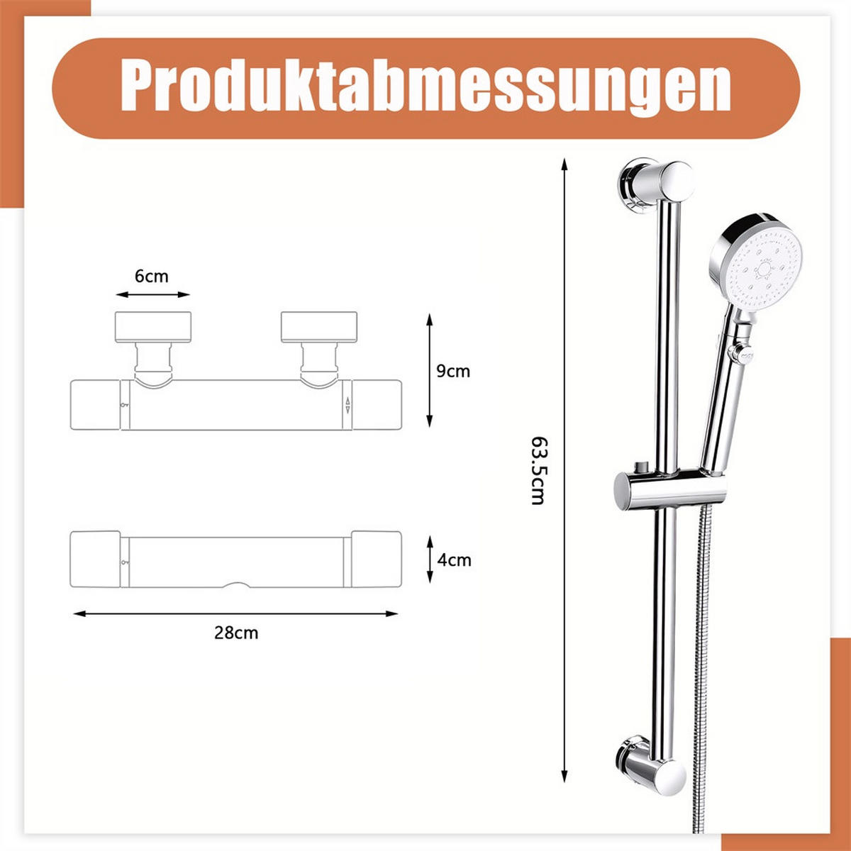 DUSCHSYSTEM mit Thermostat - Duschsystem Thermostat runder Ventilkörper mit Sicherheitssperre Handbrause - Silberfarben, Metall (28/63.5/4cm) - DELFA