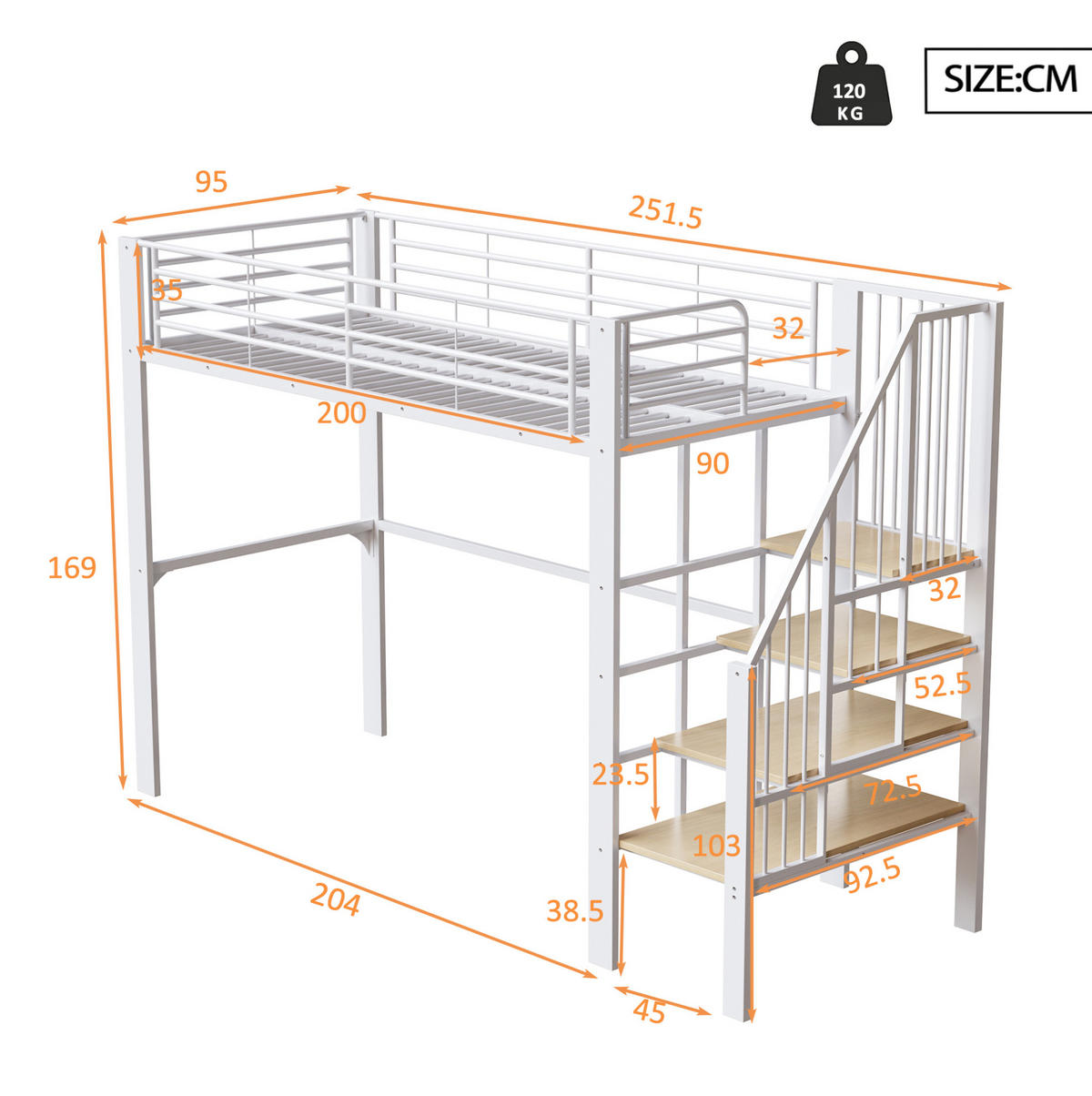 HOCHBETT 90/200 cm in Weiß aus Metall-Holz mit Treppe und Stauraum - Weiß, Metall (90/200cm) - BEAOK