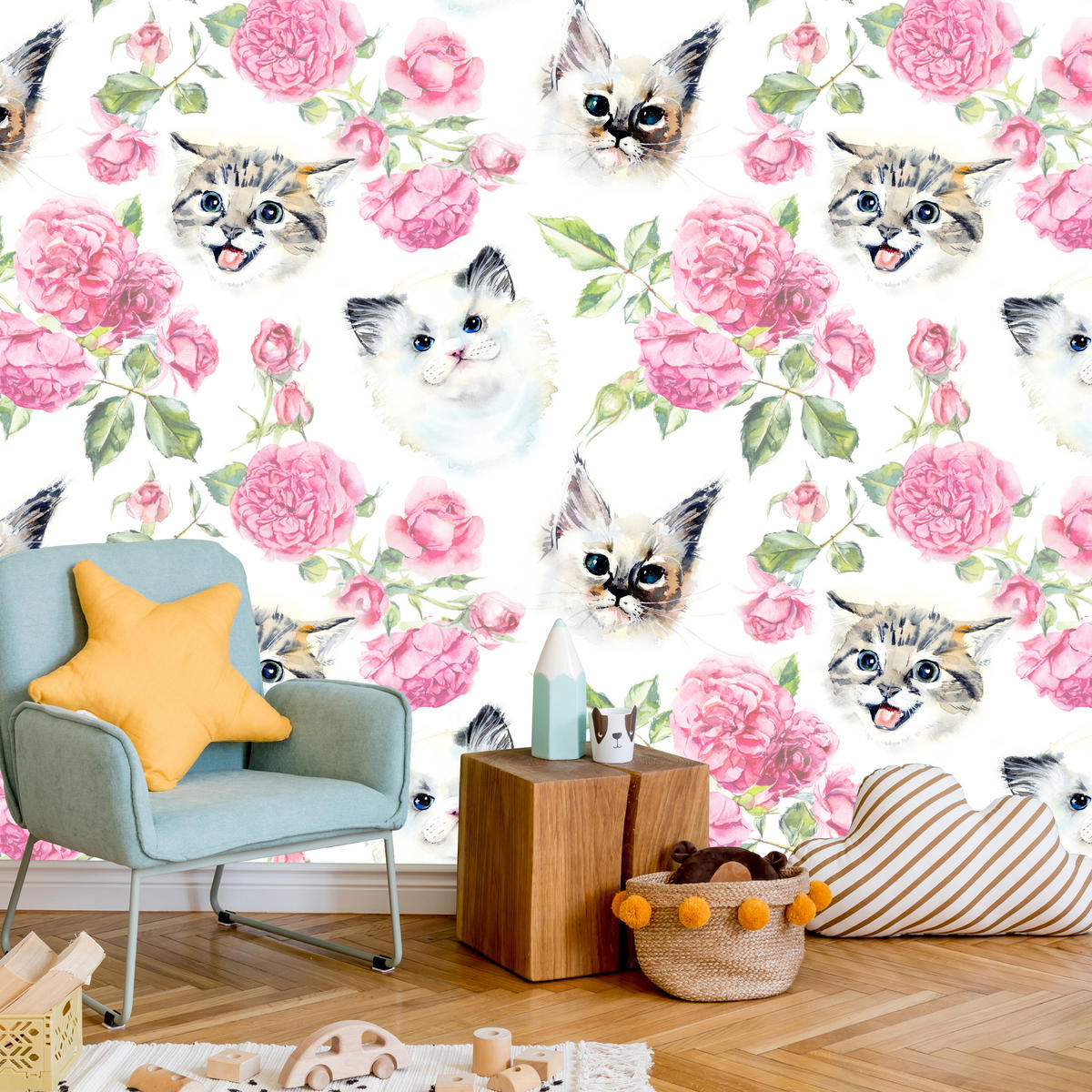 FOTOTAPETE für Badezimmer Kätzchen Rosen Blumen 100x70 - Beige/Rosa, Papier (100/70cm) - Muralo