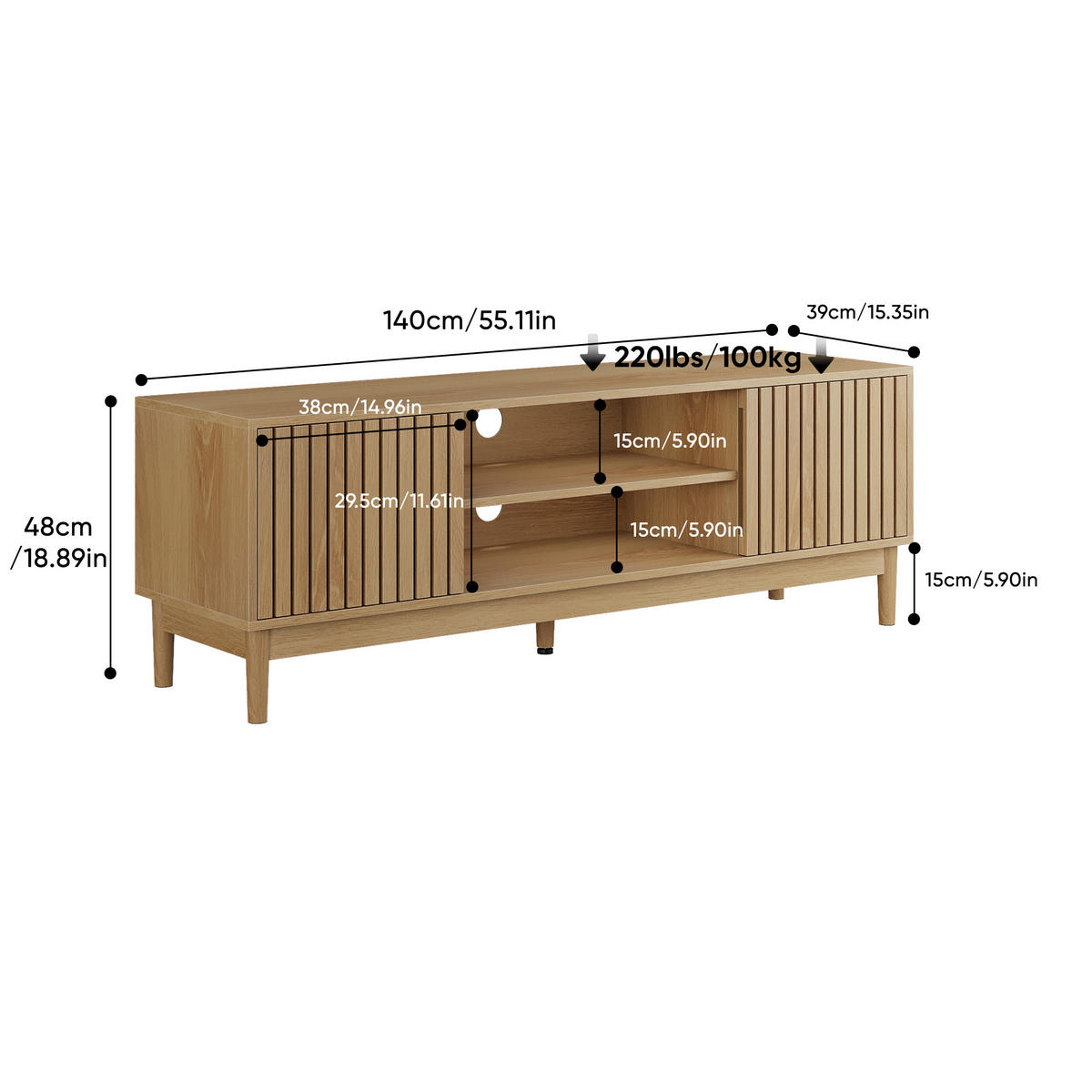 TV-LOWBOARD eichen-optik & lamellen-design - Eichefarben, Holzwerkstoff (140/48/39cm) - Urban Meuble