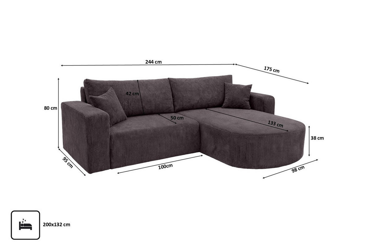 ECKSOFA Mit Schlaffunktion, Cordstoff Poso, Dunkelgrau, Rechts, ROUND ONE - Dunkelgrau, Holz (244/175cm) - Kaiser Möbel