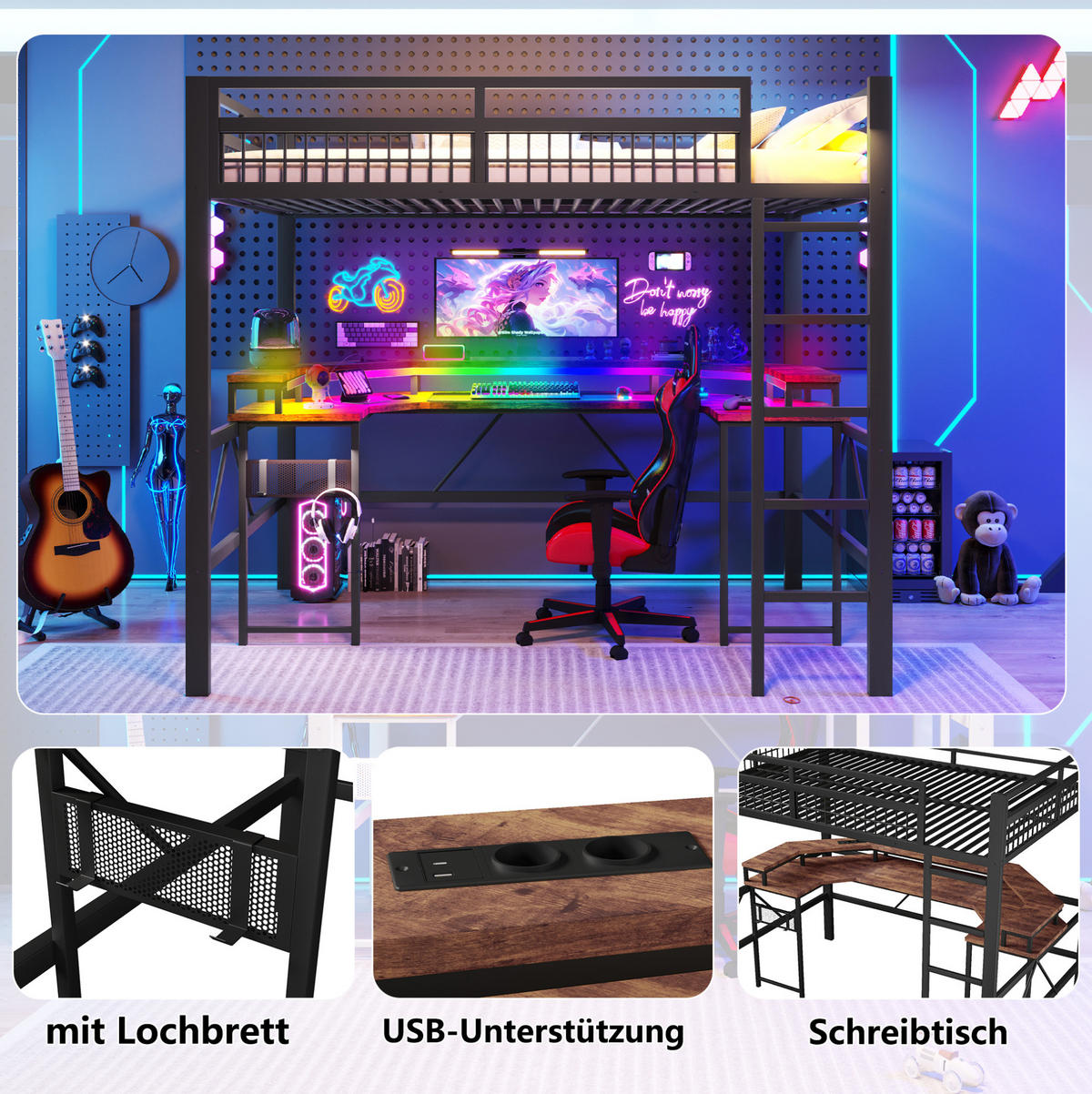 HOCHBETT 140/200 cm Schwarz aus Metall und MDF mit Schreibtisch - Schwarz, Metall (140/200cm) - OKMYHOME