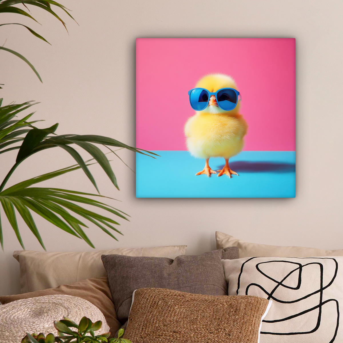 LEINWANDBILD Chick - Sonnenbrille - Blau Wandbild Wohnzimmer 50x50 cm - Pink/Gelb, Textil (50/50cm) - MuchoWow