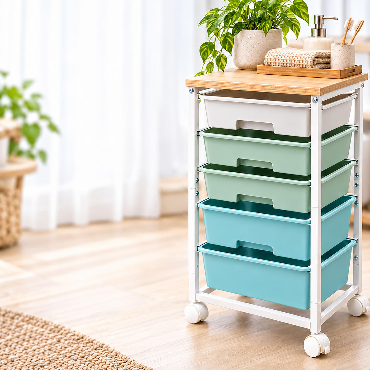 ROLLWAGEN Grün 5-Schubladen - Multicolor, Holzwerkstoff/Kunststoff (38.5/77/28.5cm) - Relaxdays