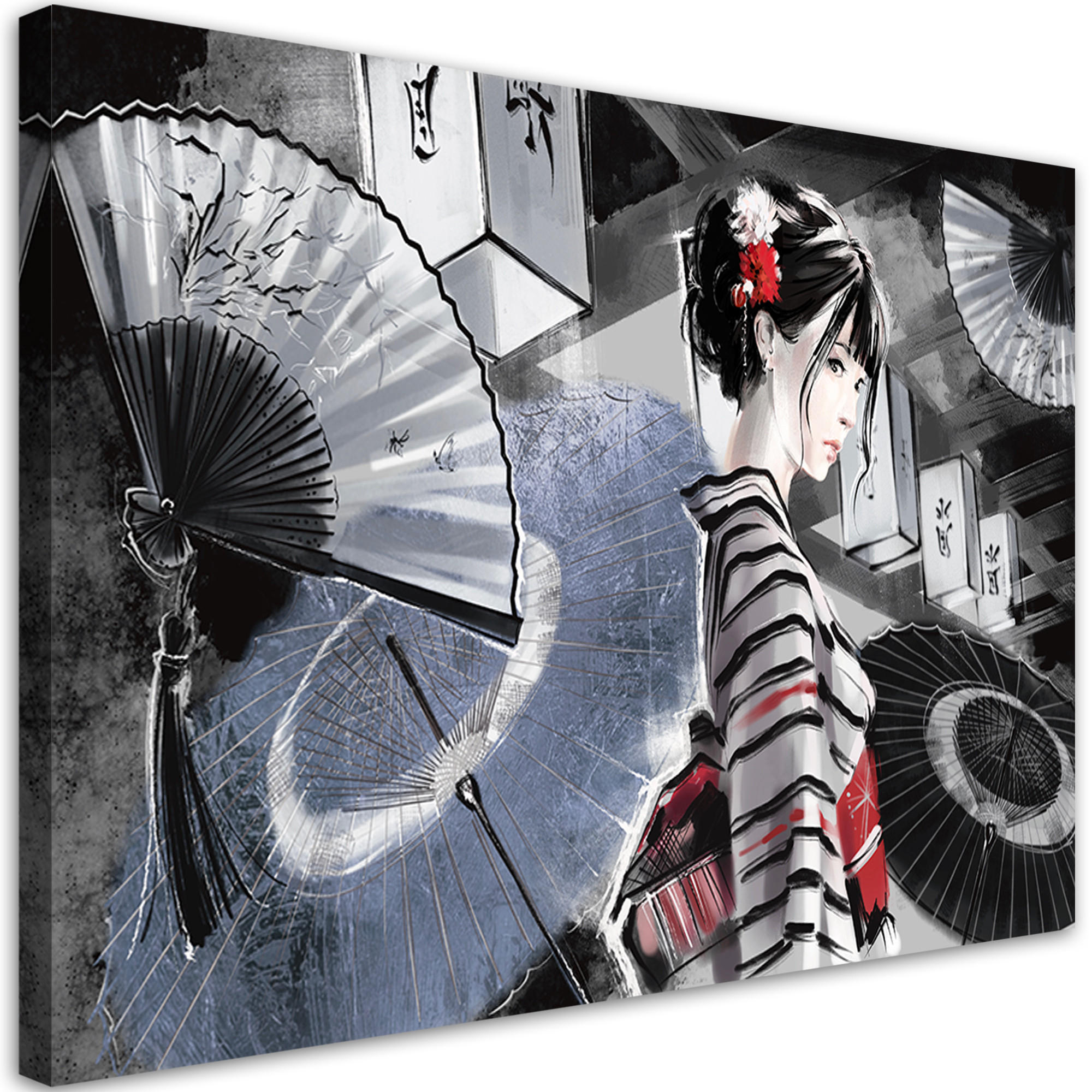 WANDBILD geisha mit einem fan - Schwarz, Textil (60/40cm) - Feeby