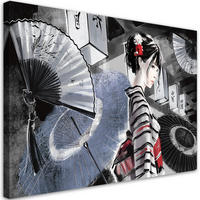 WANDBILD geisha mit einem fan - Schwarz, Textil (60/40cm) - Feeby
