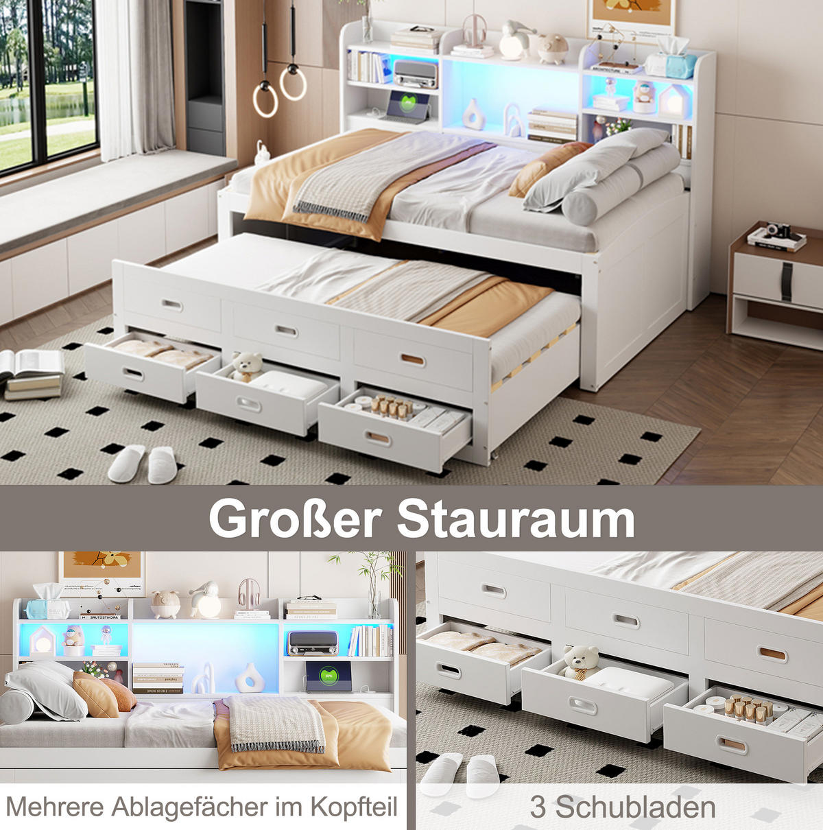 POLSTERBETT 90/200 cm Weiß aus Spanplatte und MDF mit LED und Ausziehbett - Weiß, Holzwerkstoff (90/200cm) - OKMYHOME