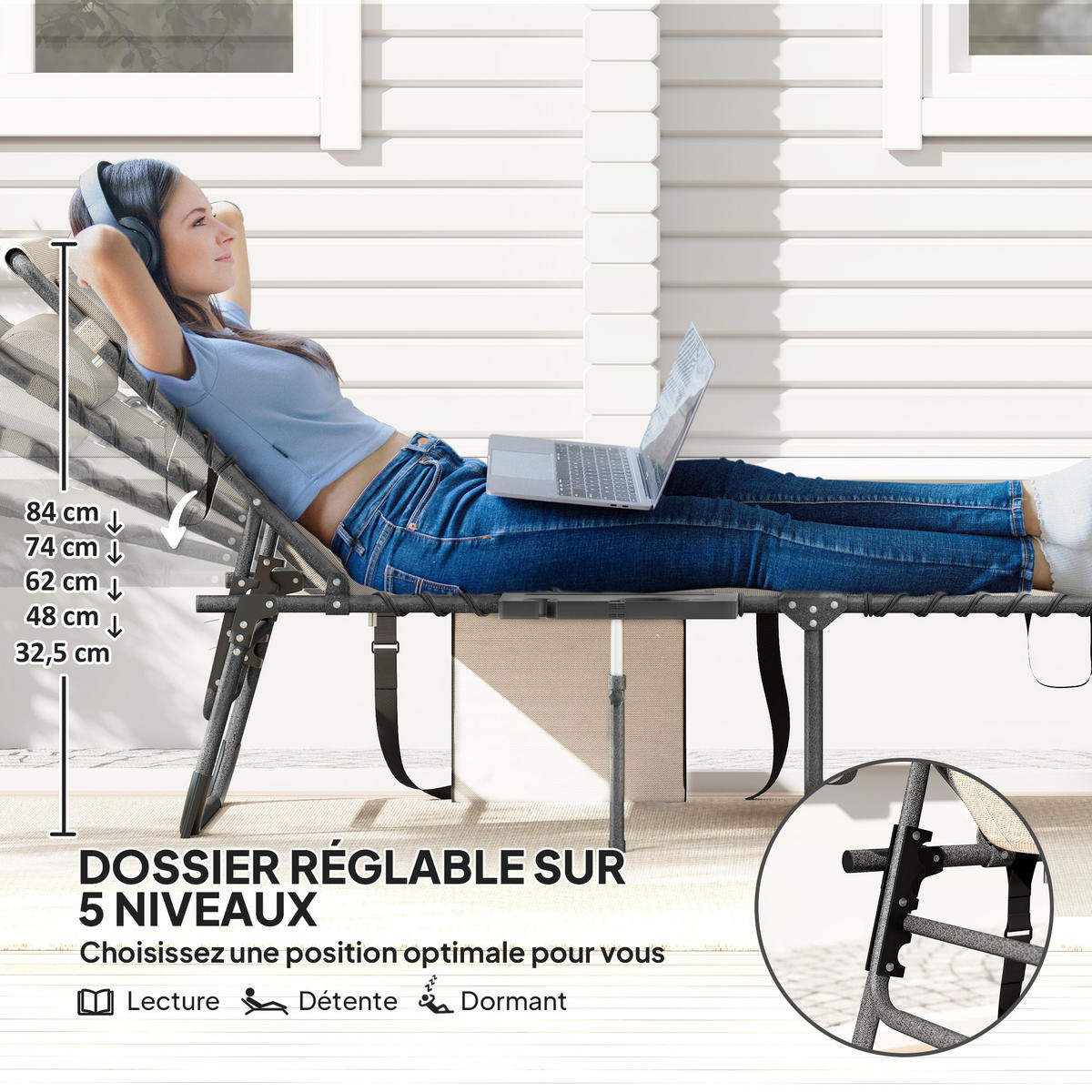 SONNENLIEGE DE-15680 5-fach verstellbar mit Tablett, 190 cm Creme - Creme, Metall (60/31/190cm) - ComfortXL