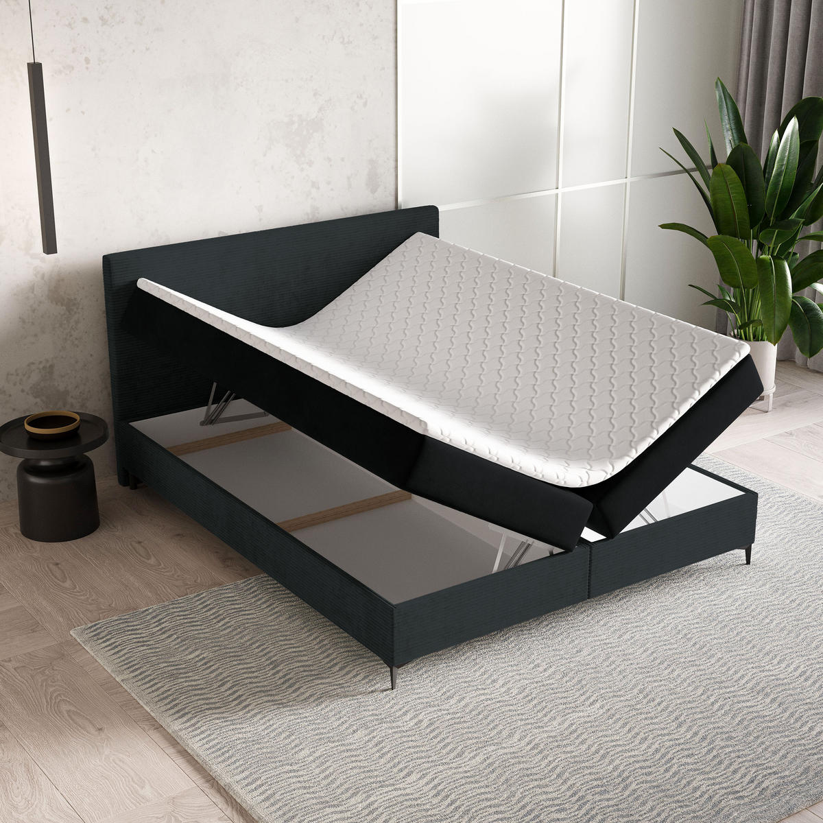 BOXBETT TORREL 140x200 cm mit Matratze und Topper - Schwarz - Schwarz, Holz (140/200cm) - MASSENO