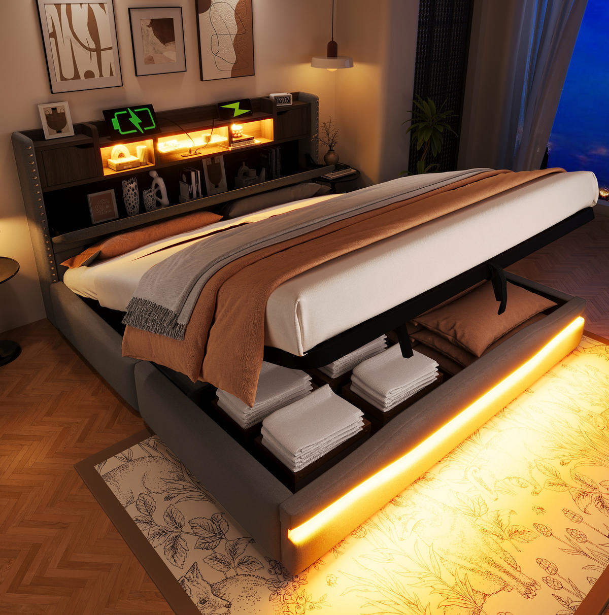 ČALÚNENÁ posteľ 180/200 cm s LED osvetlením, USB/Type-C nabíjaním a hydraulickým úložným priestorom, Sivá - sivá, textil (180/200cm) - Redom