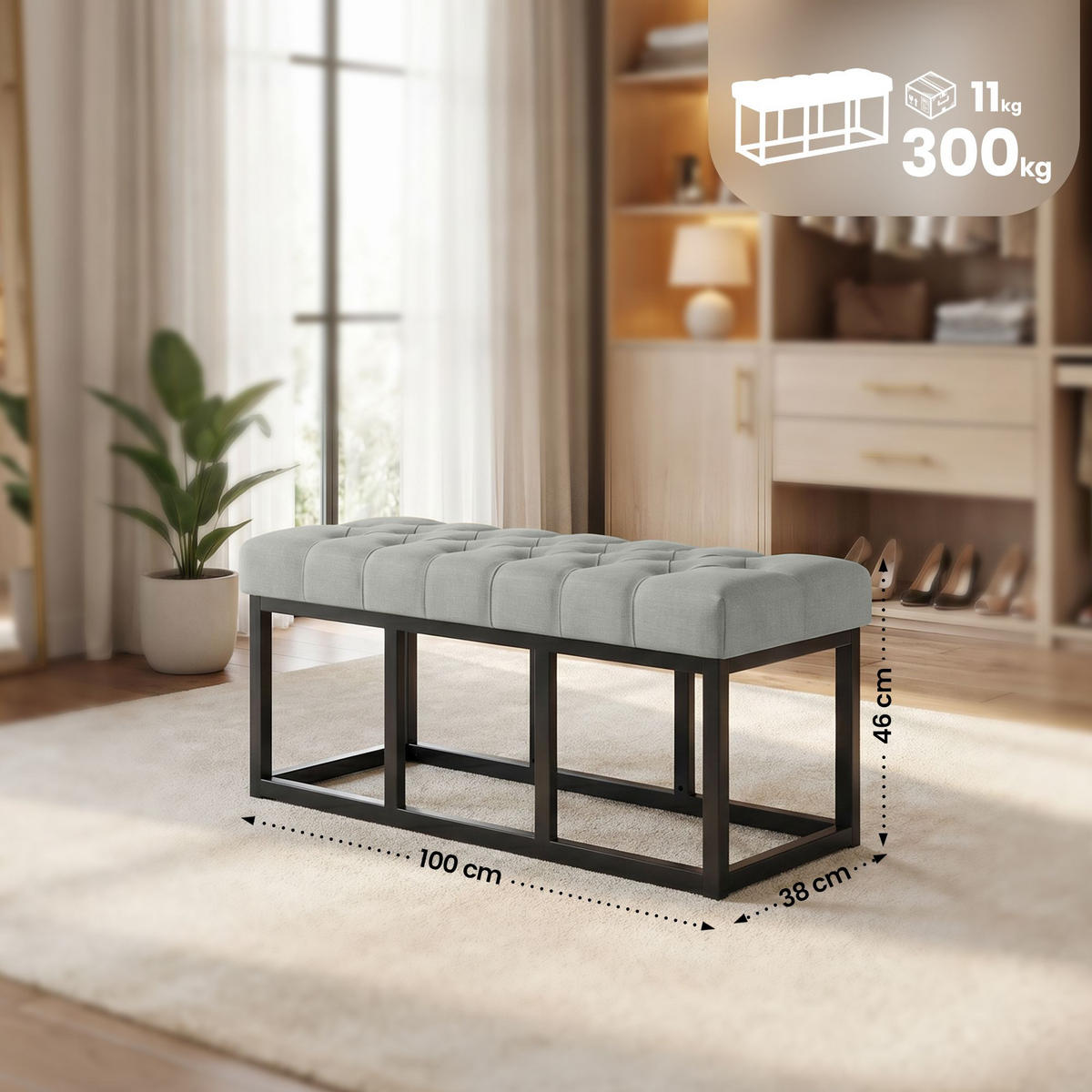 SITZBANK 100/38 cm Stoff Grau - Schwarz/Grau, Textil/Metall (100/46/38cm) - CLP