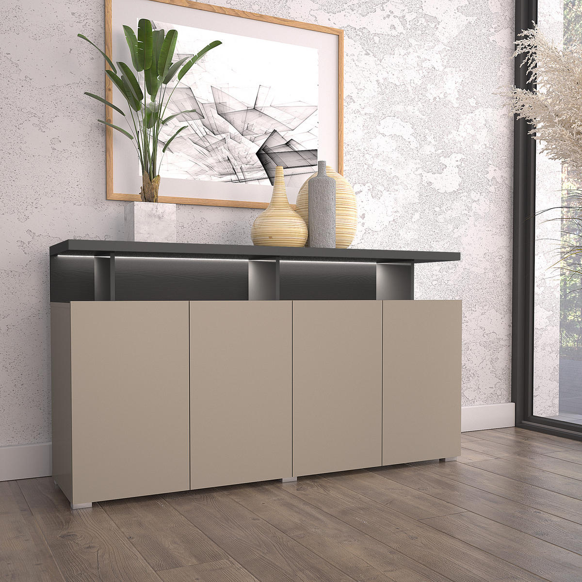 SIDEBOARD SERENITA 153/84/40 cm mit 4 Türen Beige - Beige, Holzwerkstoff (153/84/40cm) - MASSENO