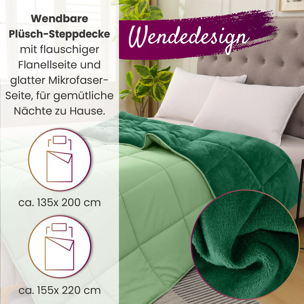 PLÜSCH Steppbett Bi-Color grün 155x220 - Grün, Textil (155/220cm) - wometo