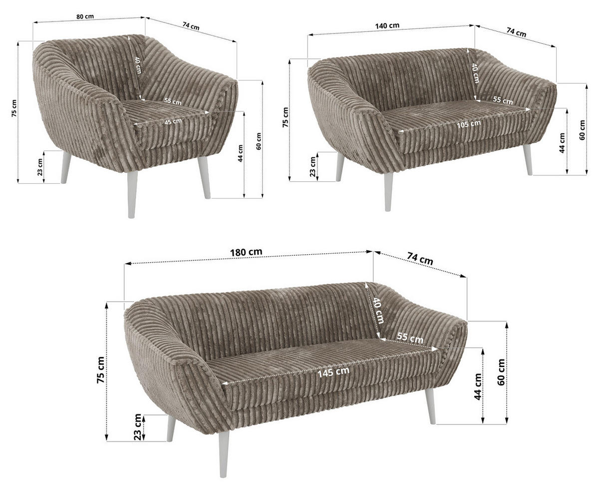 SEDACÍ SOUPRAVA 3+2+1 PIRS - Světle hnědá Manšestr - Bílé nohy - bílá/světle hnědá, kompozitní dřevo/textil (180/75/74cm) - MKS