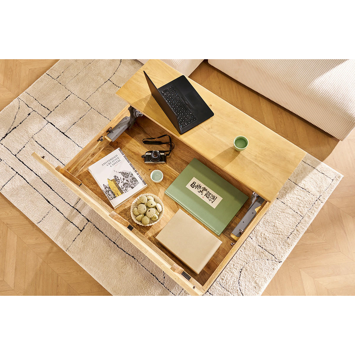 COUCHTISCH Aufklappbar Industrie Mangoholz Metall L110 YPSTER - Dunkelbraun, Holz (110/70/45cm) - Miliboo