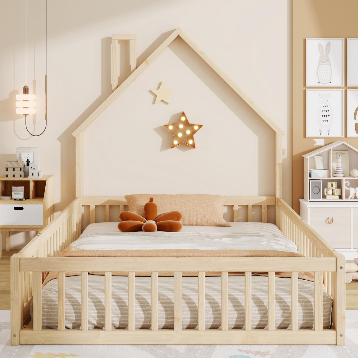 DĚTSKÁ postel z borovice a MDF 140x190 cm přírodní s roštem, bezpečnostním zábradlím a komínovým designem - přírodní, kompozitní dřevo (140/190cm) - Modfu