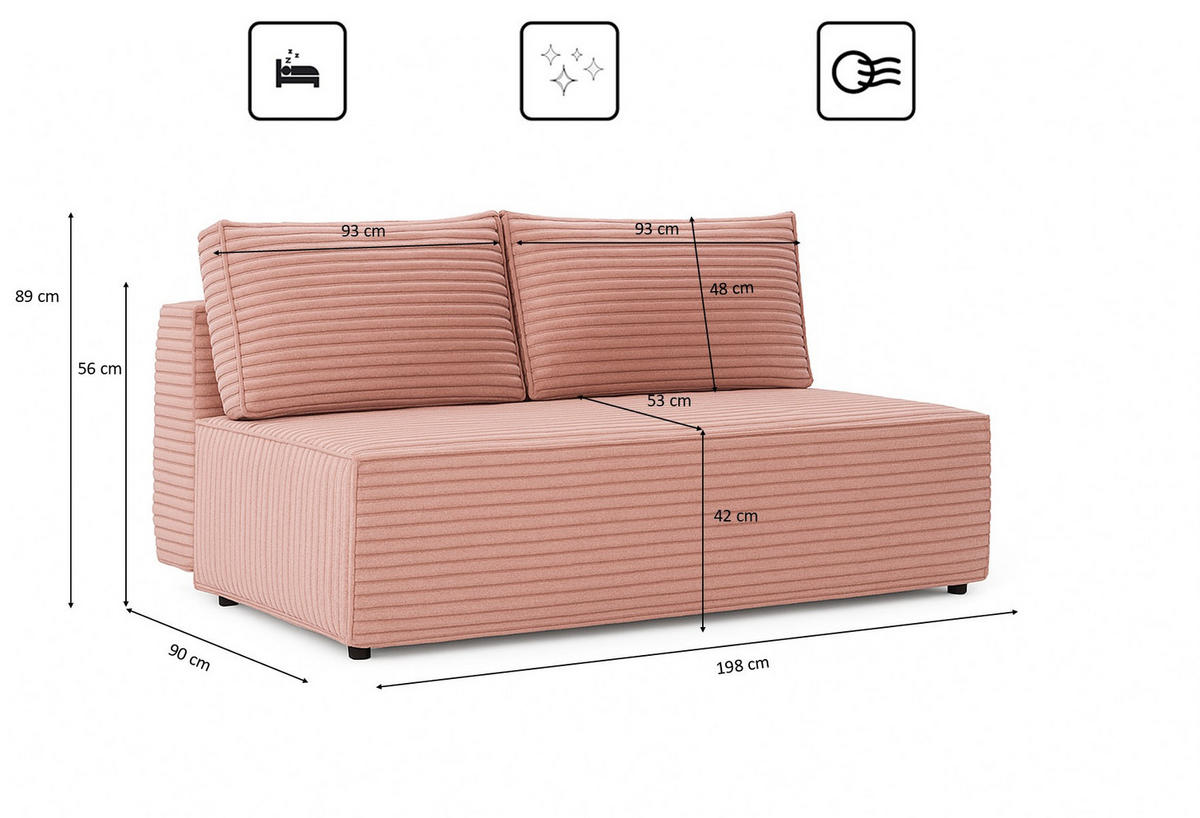 SCHLAFSOFA mit Bettkasten DUO, Stoff Velo, Rosa - Rosa, Holz (198/89/90cm) - Kaiser Möbel