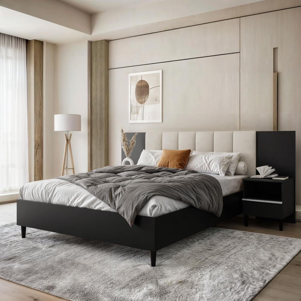 POLSTERBETT Lectus 166/211/108 mit 1 Nachttisch beige - Beige/Schwarz, Holzwerkstoff/Textil (160/200cm) - Beautysofa