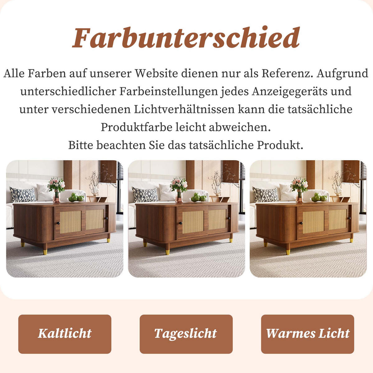 COUCHTISCH nussbaum-optik & rattan schiebetüren & abgerundete ecken - Walnussfarben, Holzwerkstoff (50/100/42cm) - Urban Meuble