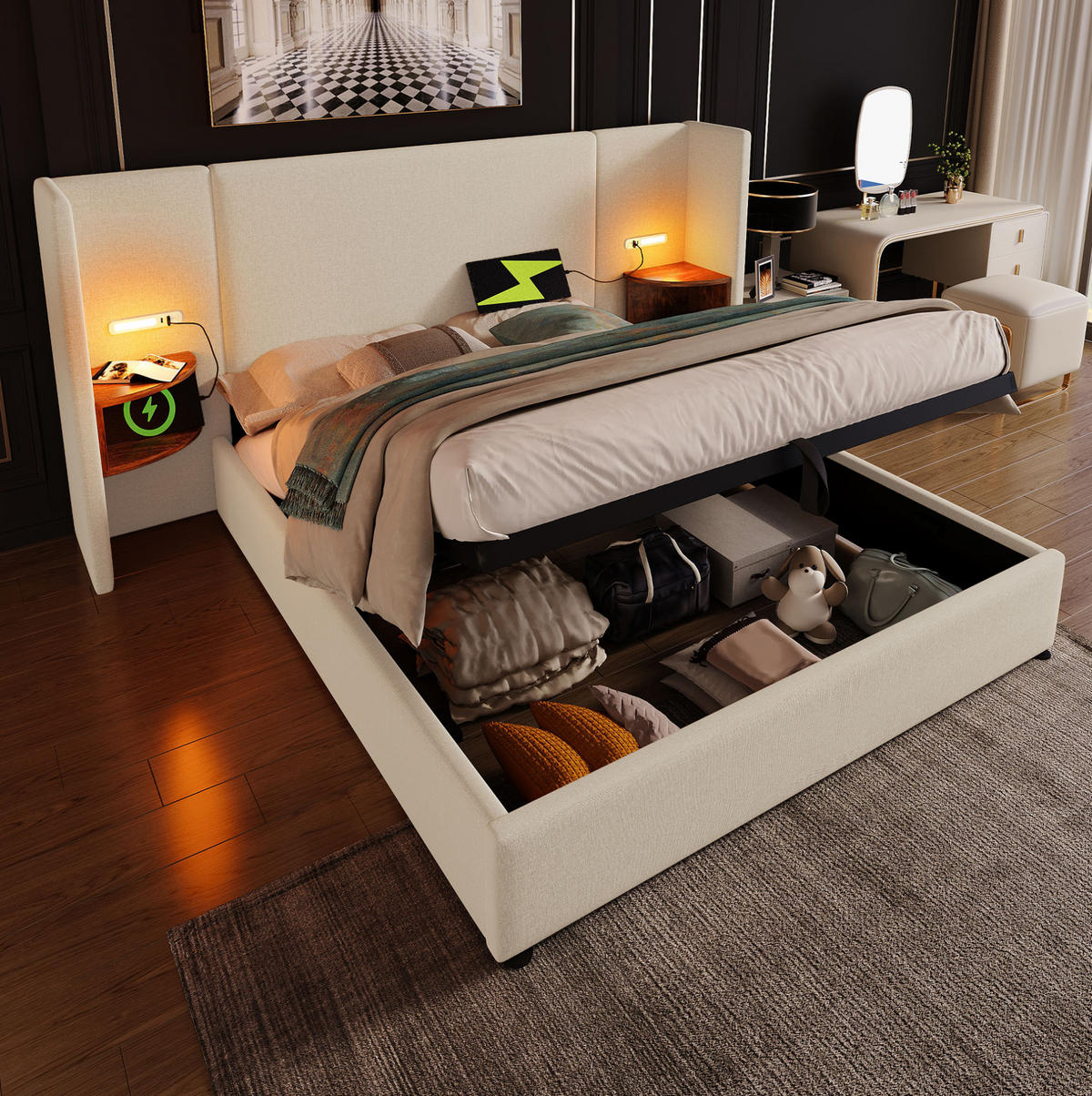 POLSTERBETT aus Leinen 180x200 cm Beige mit Bettkasten, Leselampe, USB- und Type-C-Anschlüssen - Beige, Textil (180/200cm) - IVMEU