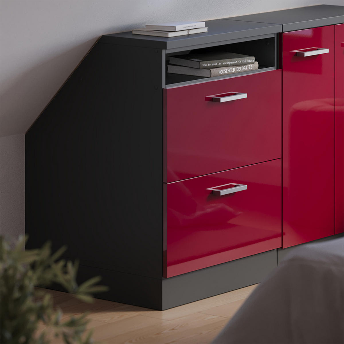 ORMARIĆ ZA KOSI KROV S LADICAMA Rion Crveni visoki sjaj 60 x 81.6 cm s 2 ladice, korpus ormara dubine 60 cm - bordo/antracit, drvni materijal (60/83.8/60cm) - Vicco