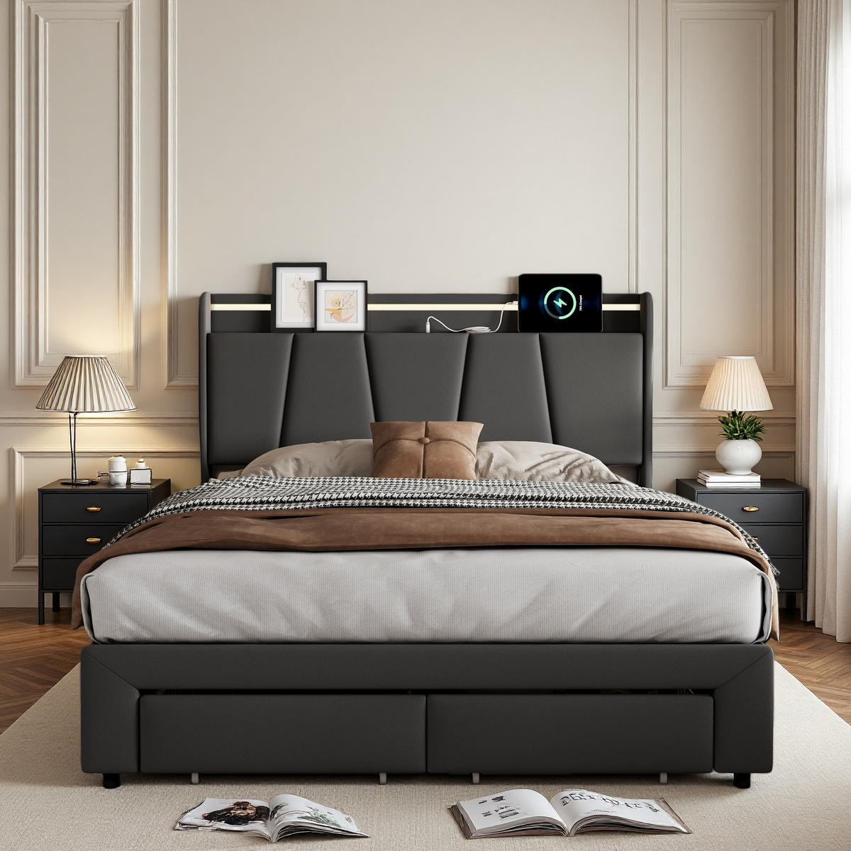 POLSTERBETT 140x190 cm LED USB Stauraum Lattenrost dunkelgrau - Grau, Holz (140/190cm) - Fortuna Lai