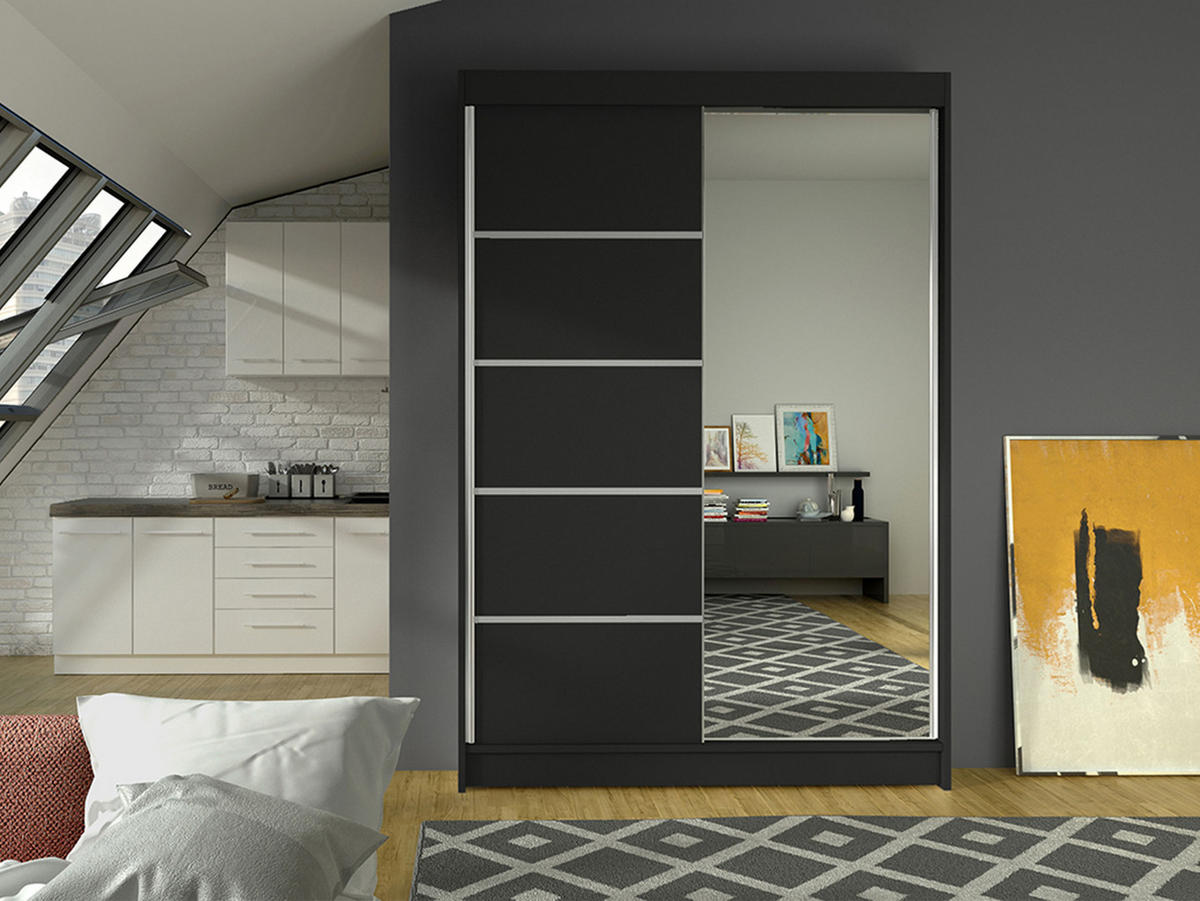 SCHWEBETÜRENSCHRANK Lino III - Schwarz, Holzwerkstoff/Metall (120/200/58cm) - MIRJAN24