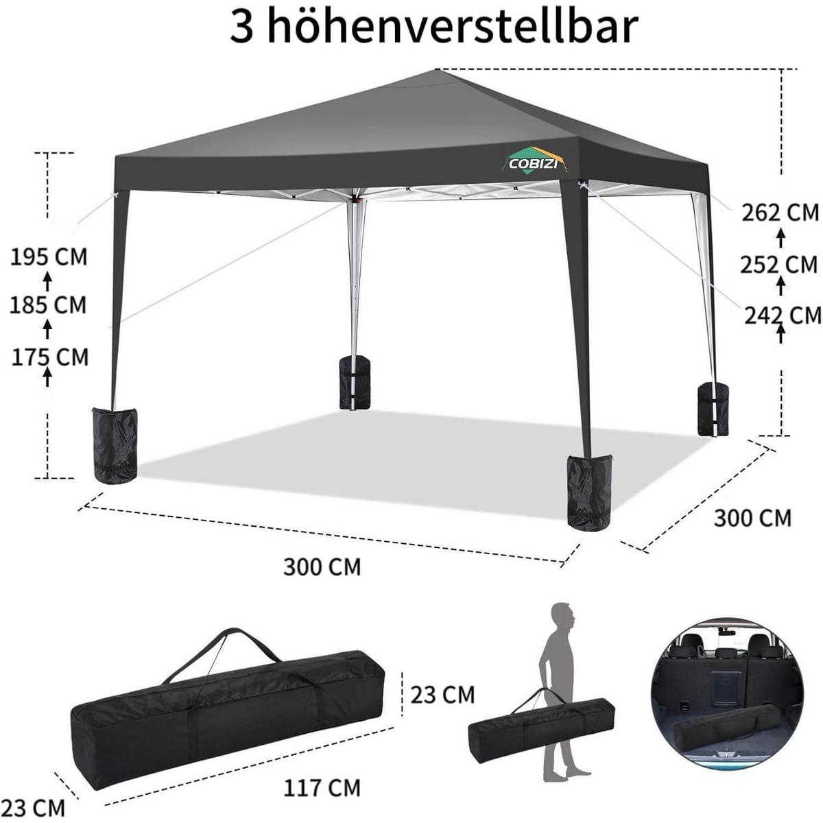 GARTENPAVILLON 3 x 3 m Wasserdicht Schwarz - Schwarz, Textil (300/262/300cm)