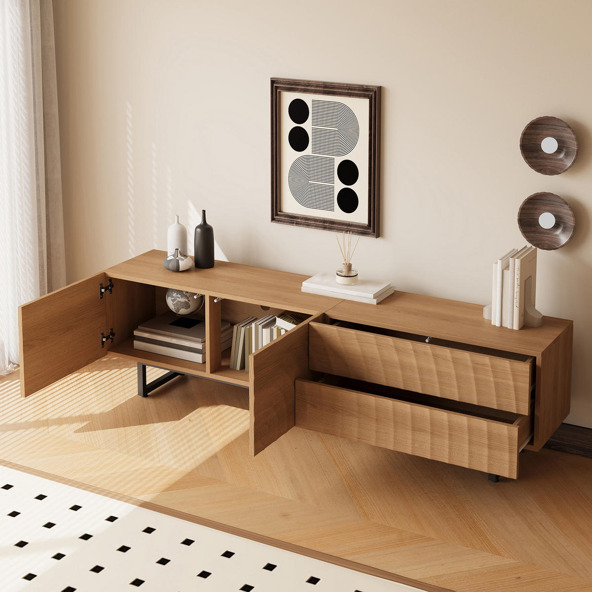 TV-SCHRANK 180x38x51.5 Niedrig 3D-Textur Modernes Design - Naturfarben, Holzwerkstoff (38/51.5/180cm) - FLIEKS