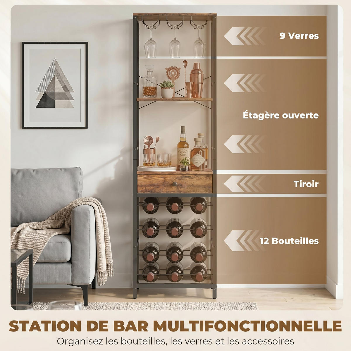 WEINREGAL, 12 Flaschen, offenes Fach, Schublade, rustikal braun, 40x30x148cm - Multicolor, Metall (40/148/30cm) - FORIOUS
