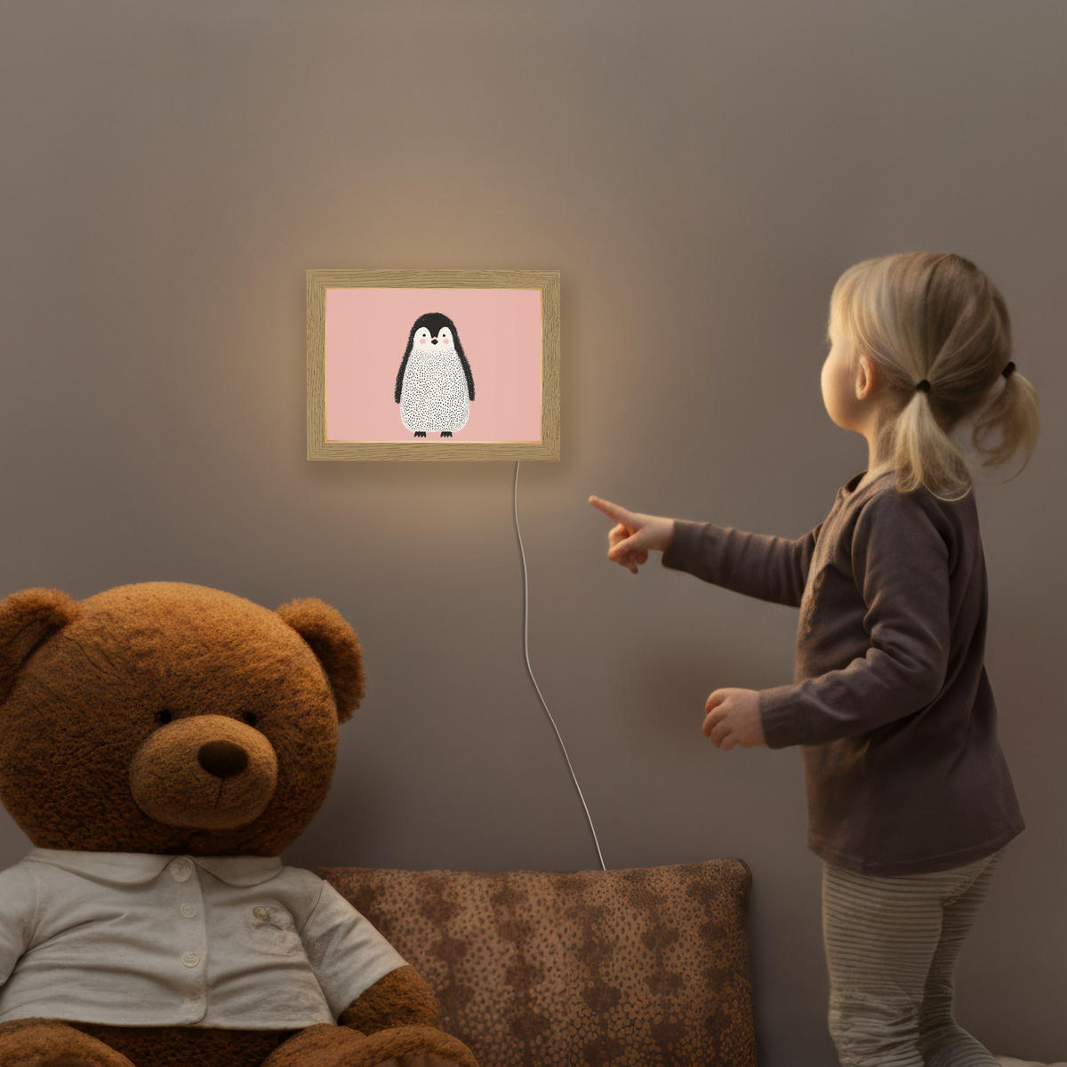 NACHTTISCHLAMPE Pinguin - Punkte - Minimalistisch - Rosa 20x15 cm - Rosa, Holzwerkstoff (8/20/15cm)