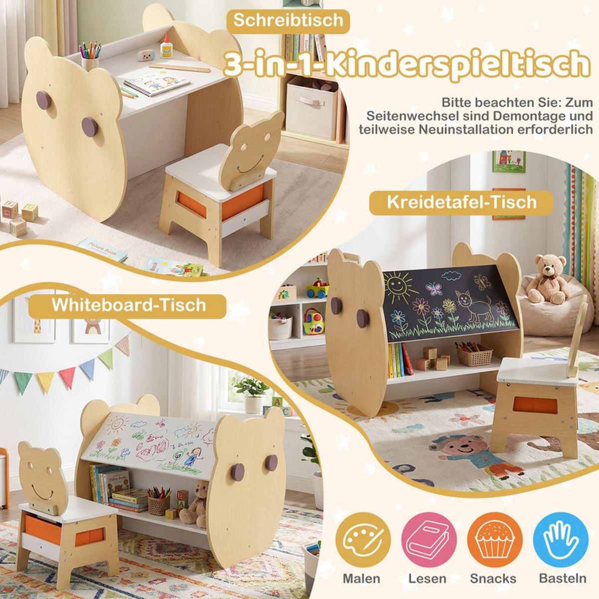 KINDERTISCH mit stuhl natur(2-tlg) - Naturfarben, Holzwerkstoff (59.5/60/60cm) - COSTWAY