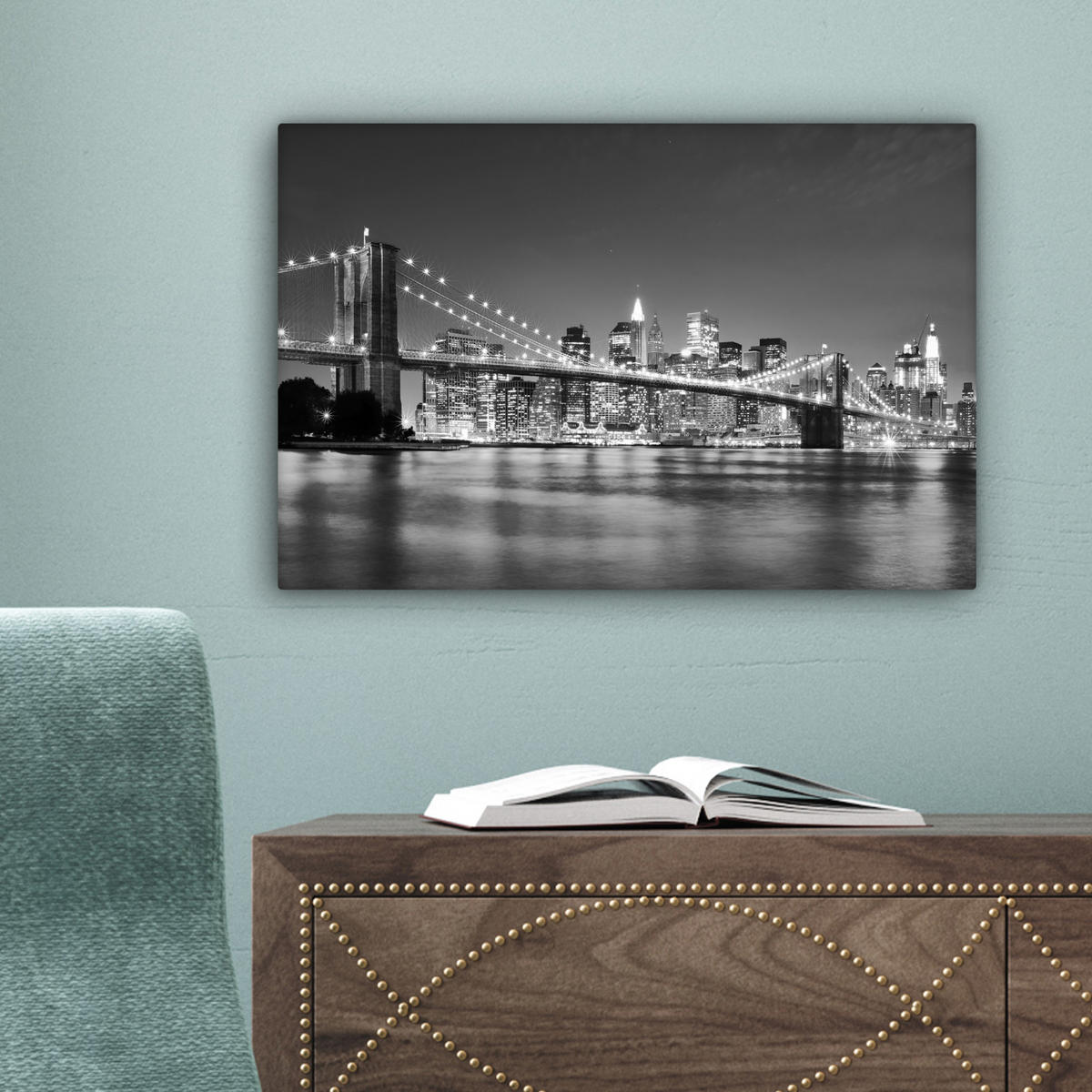 LEINWANDBILD - New York - Brücke - Brooklyn - Schwarz und weiß - Architektur - 30x20 - Deko XXL - Schwarz, Textil (30/20cm) - MuchoWow