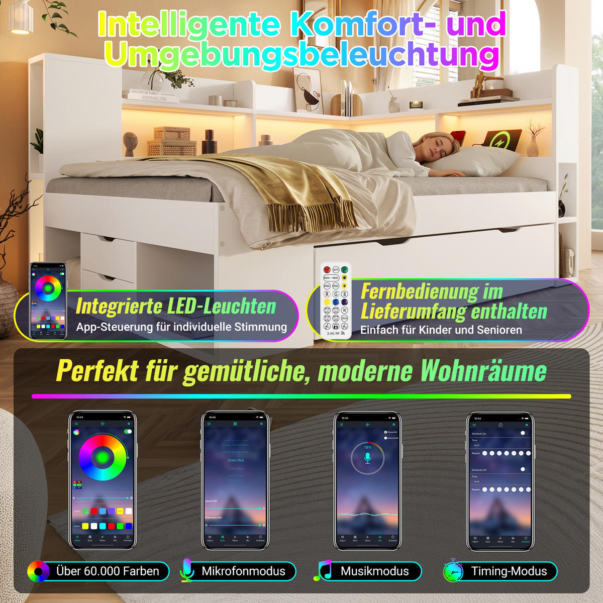 POLSTERBETT 90/200 cm aus Holzwerkstoff mit LED-Beleuchtung, USB- und Typ-C-Anschluss, Stauraum und Lattenrost, Weiß - Weiß, Textil (90/200cm) - Redom