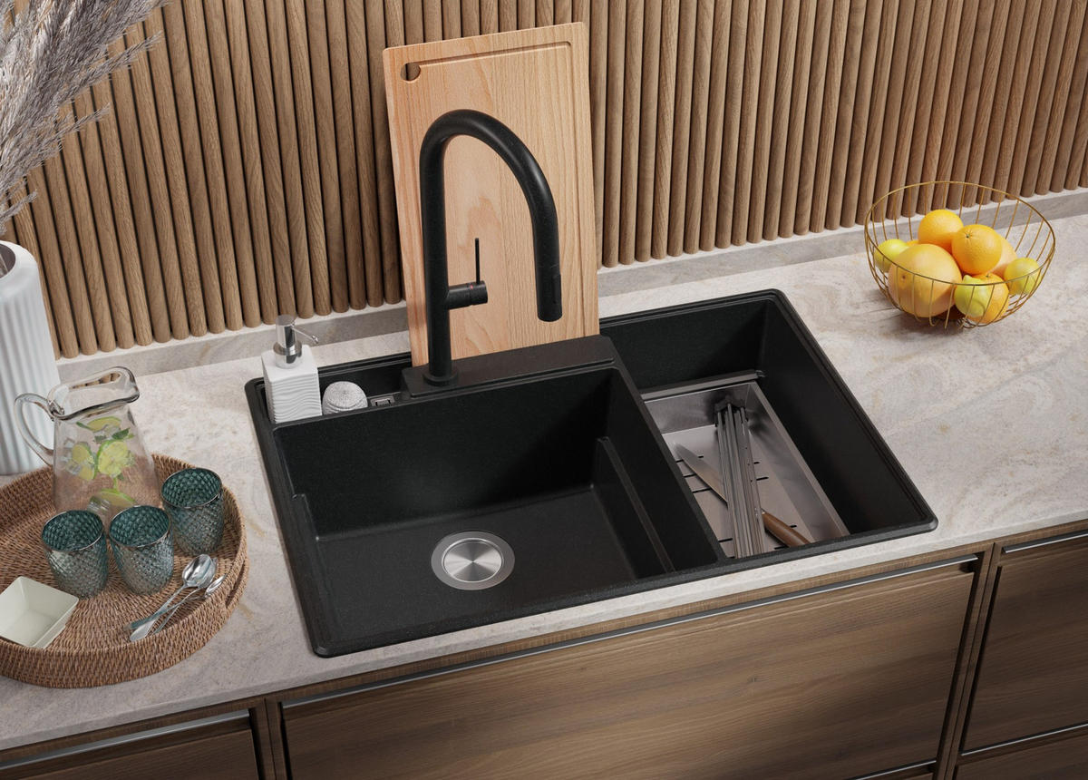 SPÜLBECKEN Paris, 2-er set Anthrazit 78/53 cm 2 Becken + Ablauf-Set + Küchenzubehörset ab 80er Unterschrank - Chromfarben/Edelstahlfarben, Kunststoff (78/20/53cm) - Primagran