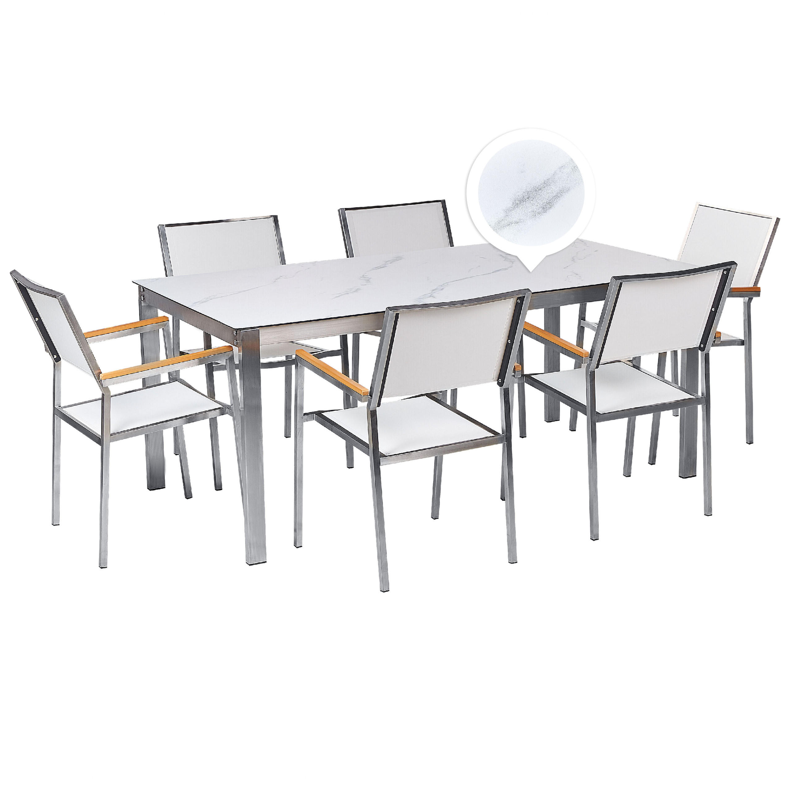GARTENMÖBEL SET 6-Sitzer Keramik-Glas Marmor Optik Textil weiß Cosoleto/Grosseto - Silberfarben/Weiß, Glas - Beliani
