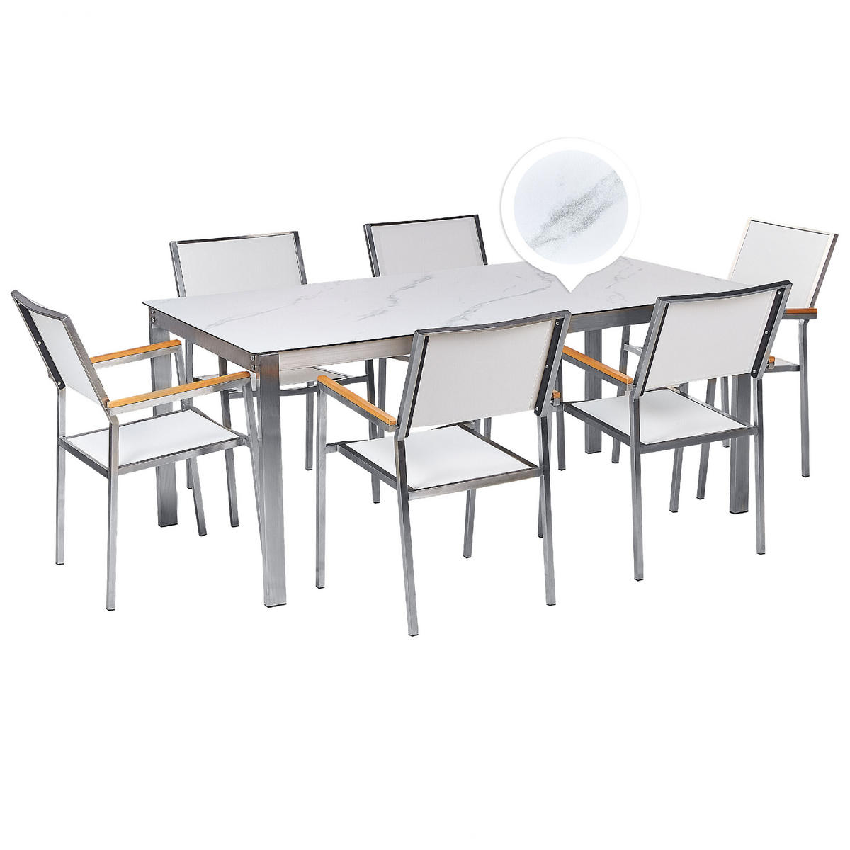 GARTENMÖBEL SET 6-Sitzer Keramik-Glas Marmor Optik Textil weiß Cosoleto/Grosseto - Silberfarben/Weiß, Glas - Beliani