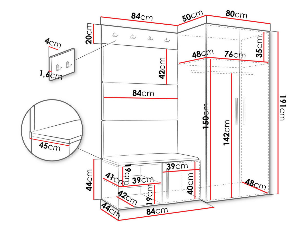 GARDEROBEN-SET Medi I - Hellrosa/Schwarz, Holzwerkstoff/Kunststoff (80/191/50cm) - MIRJAN24