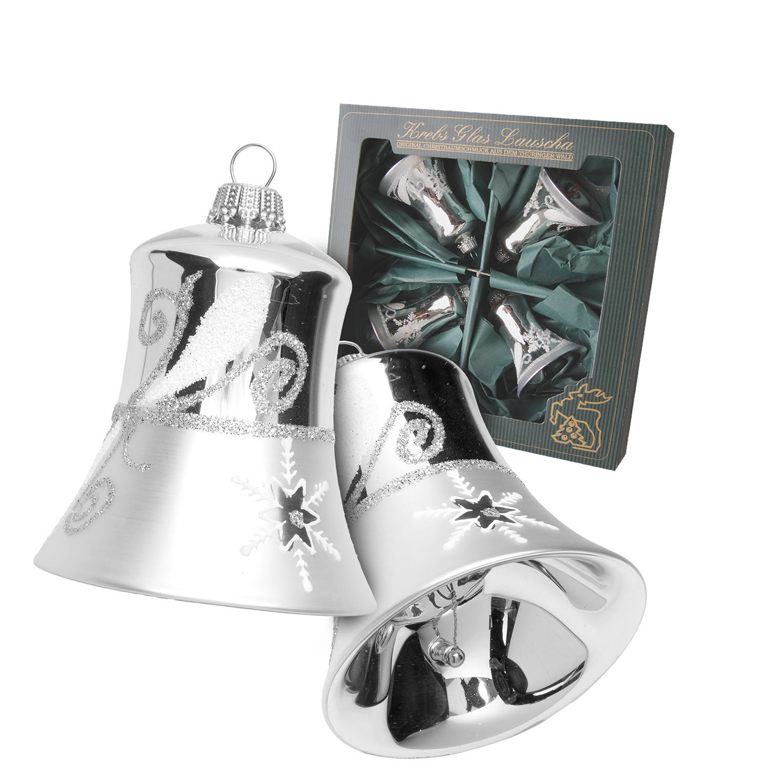 CHRISTBAUMSCHMUCK Glocken Silberfarbig 7cm (Glas / 4 Stk.) - Silberfarben, Glas (6/7/6cm) - Krebs Glas Lauscha