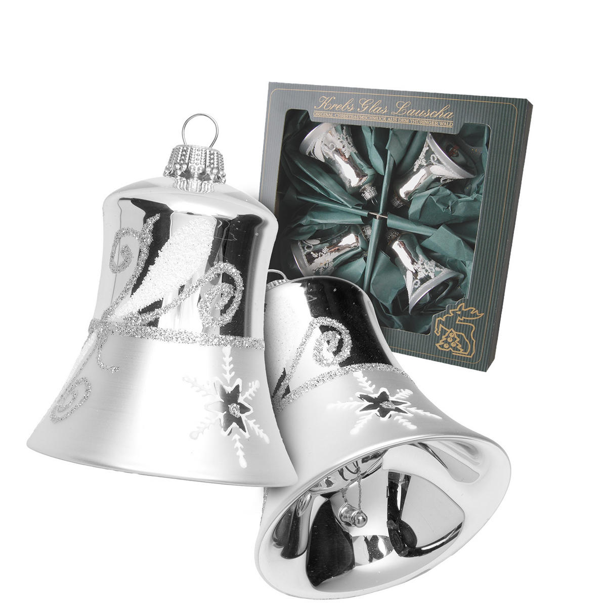 CHRISTBAUMSCHMUCK Glocken Silberfarbig 7cm (Glas / 4 Stk.) - Silberfarben, Glas (6/7/6cm) - Krebs Glas Lauscha