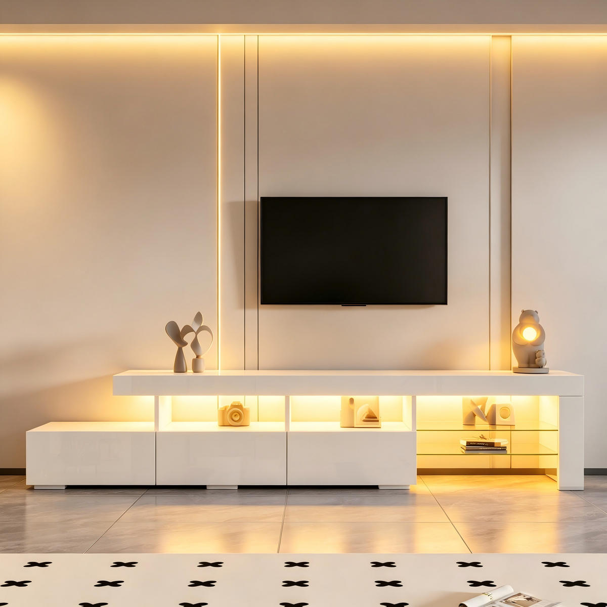 TV-SCHRANK LED Hochglanz 3 Schubladen 180cm Weiß - Weiß, Holzwerkstoff (180/45/35cm) - FLIEKS