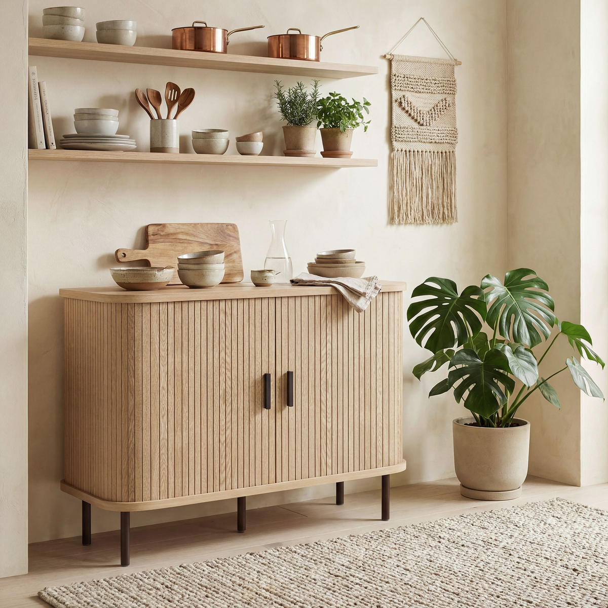 SIDEBOARD DE-11306 2 Schiebetüren Eiche/Schwarz - Eichefarben, Holzwerkstoff (100/75/40cm) - ComfortXL