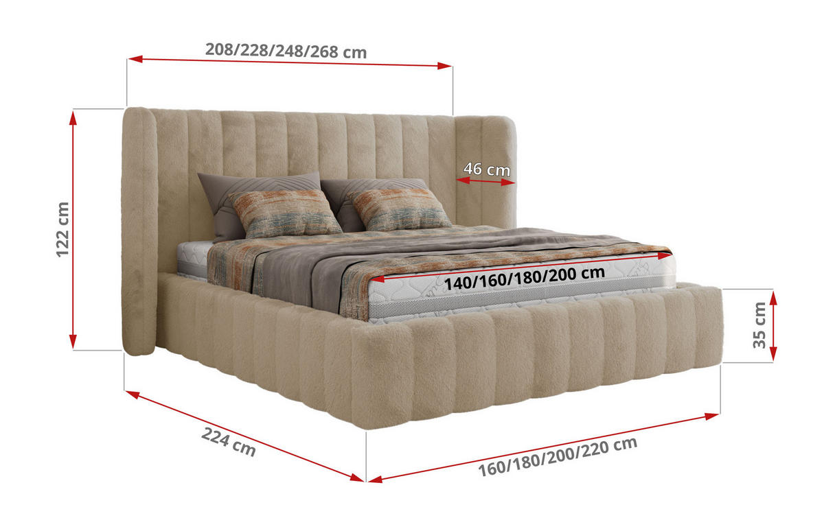 POLSTERBETT GOLETTA CLASSIC 160/200 - Creme Plüsch - Schaum-Matratze - Creme, Textil (160/200cm) - MKS