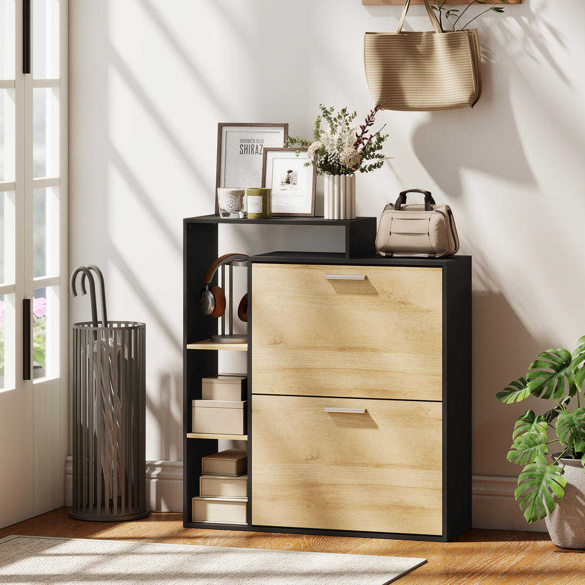 SCHUHSCHRANK Schwarz Natur Holzwerkstoff klappbar mit Fächern 1 Stück - Schwarz, Holzwerkstoff (80/90/26cm) - PANGIVO