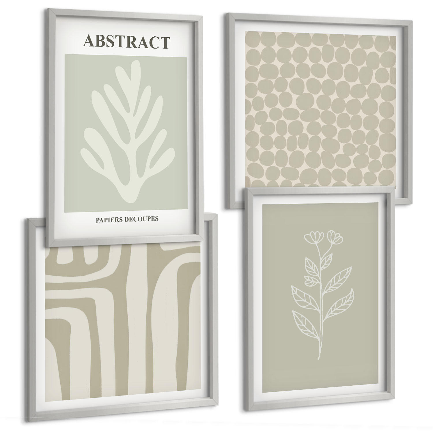 BILDER SET 4er Set - 50x50 cm & 40x60 cm Silberner Rahmen - Pflanzen- und geometrische Muster - Silberfarben, Kunststoff (50/50cm) - TULUP